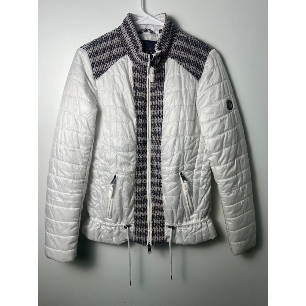 CECIL Quilted Puffer Jacket Wm XS White Tweed Trim Full Zip Lightweight Coat